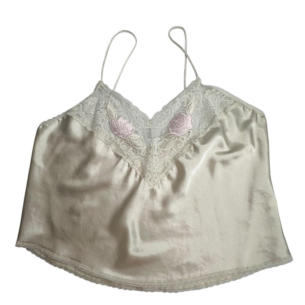 Val Mode Lingerie Ivory Satin Camisole Lace Floral Embroidered Medium 8557 USA